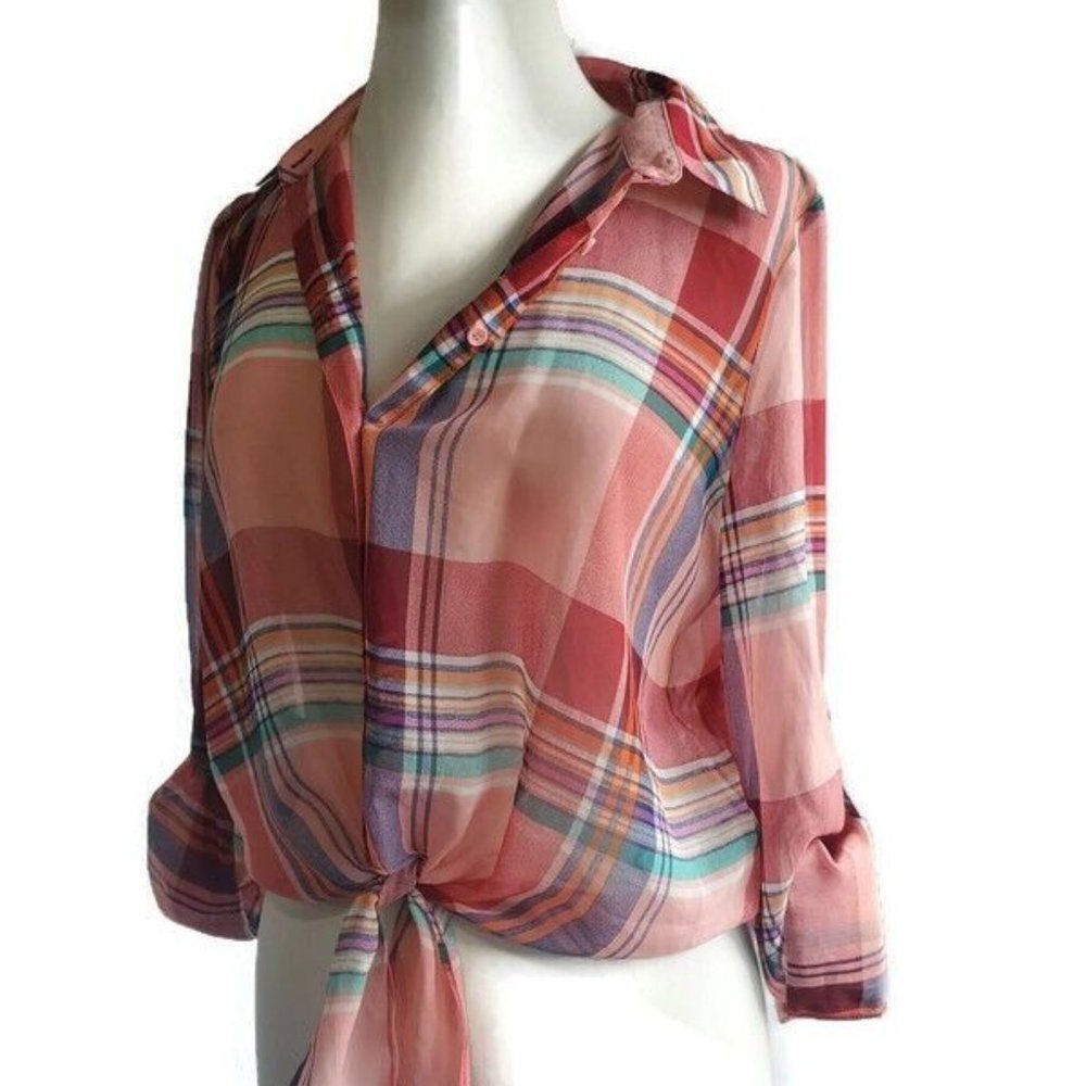 Papaya Blouse Womans Cropped Tie Front Sheer Plaid Roll Tab Sleeve Medium